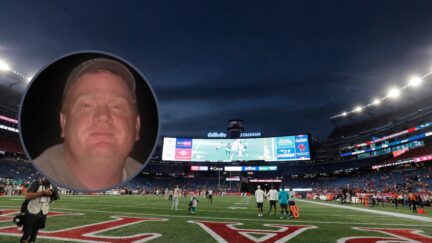 Background: Lights illuminate Gillette Stadium before an NFL football game between the New England Patriots and the Miami Dolphins, Sunday, Sept. 17, 2023, in Foxborough, Mass. Police are investigating the death of a man following an 