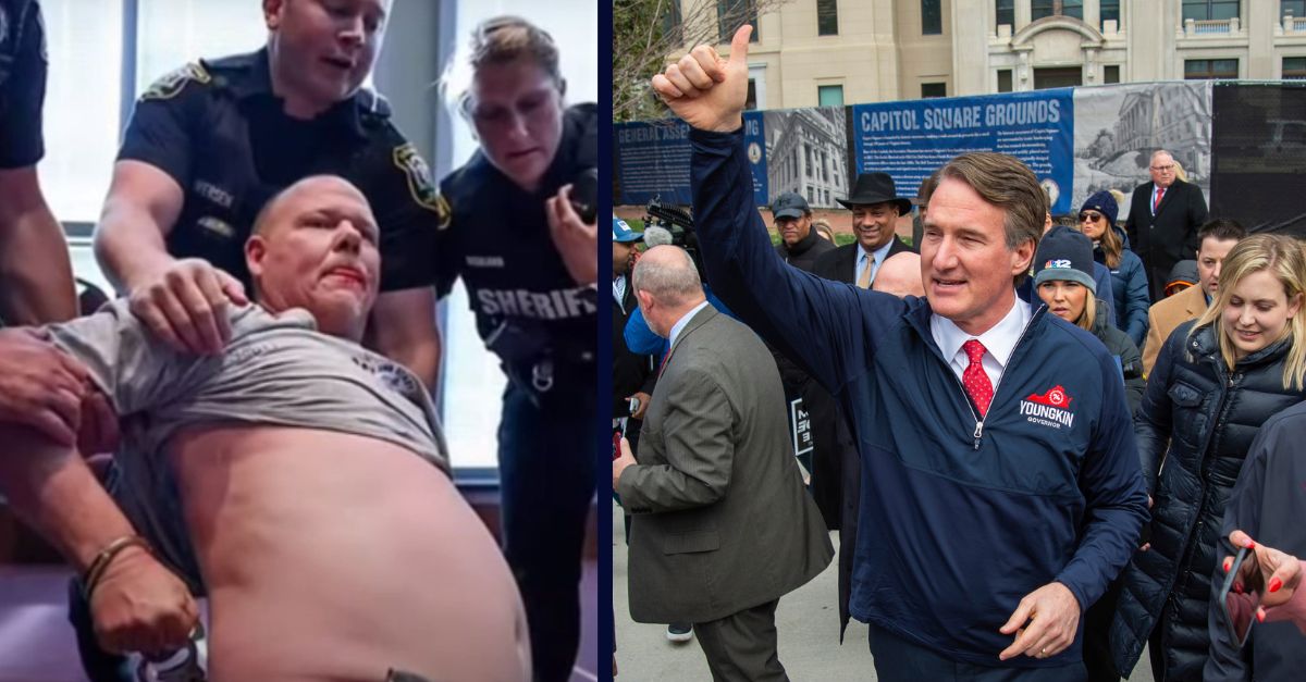 Left: Scott Smith being dragged out a school board meeting in 2021. YouTube screengrab from CBS affiliate WUSA9. Right: Virginia Gov. Glenn Youngkin gives a thumbs up as he arrives at the "March for Life" event on Wednesday, Feb. 1, 2023, in Richmond, Va. (AP Photo/Mike Caudill)