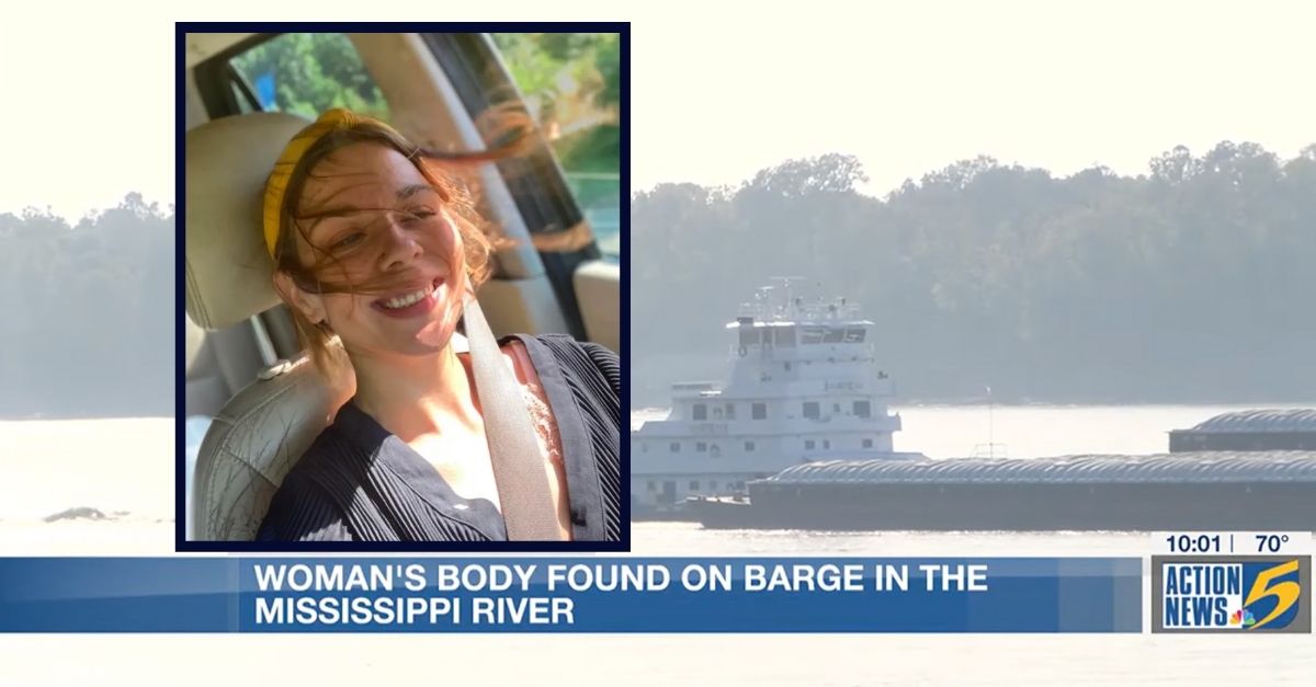 Hailey Silas appears inset against an image of a barge along the Mississippi River