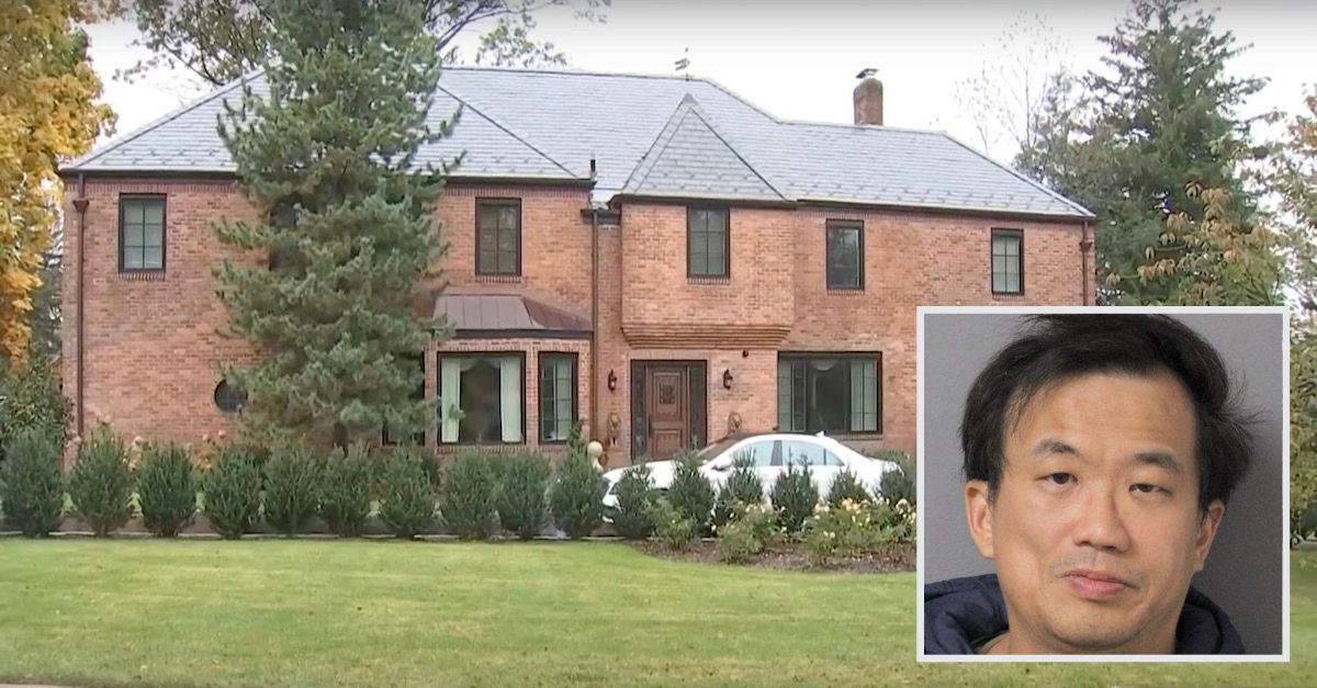 Michael Yifan Wen (Nassau County Police Dept.) and the home where he allegedly pulled a gun on a 6-year-old (WNBC screenshot)
