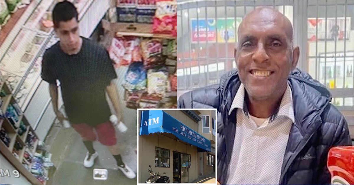 Santos De La Rosa allegedly appearing in surveillance footage from the attack the left Yowhannes “John” Tewelde dead (San Francisco DA's Office), Richmond Market (KTVU screenshot)