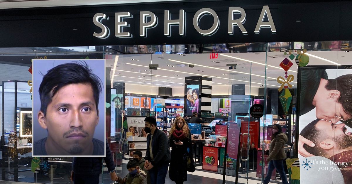 Fabian Calderon booking photo inset, Scottsdale Police Department. Background: People leave a Sephora store in the Hudson Yards shopping mall in New York City in 2021. AP Photo/Ted Shaffrey.
