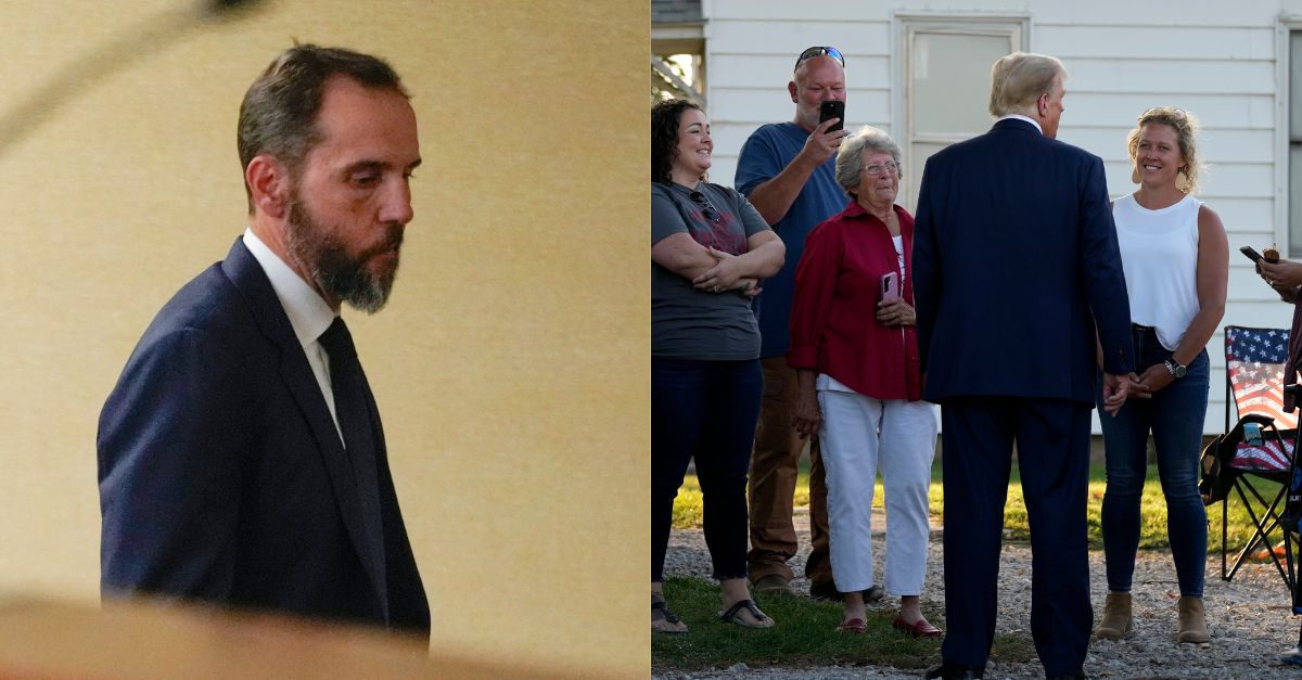 Left: Special counsel Jack Smith arrives to speak about an indictment of former President Donald Trump, Tuesday, Aug. 1, 2023, at a Department of Justice office in Washington. (AP Photo/Jacquelyn Martin)/ Right: Former President Donald Trump speaks with farmers during a visit to the Vande Voort family farm while campaigning for 2024 on Sunday, Oct. 1, 2023, in Leighton, Iowa. (AP Photo/Charlie Neibergall).