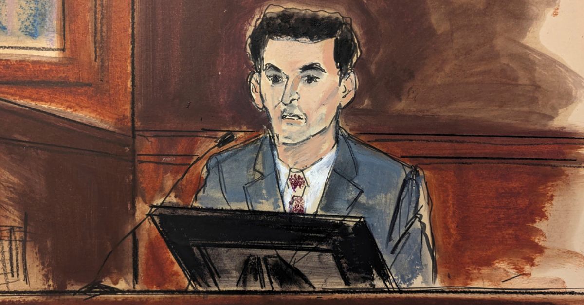 In this courtroom sketch, FTX founder Sam Bankman-Fried is questioned during his trial in Manhattan federal court, Thursday, Oct. 26, 2023, in New York. (Elizabeth Williams via AP)