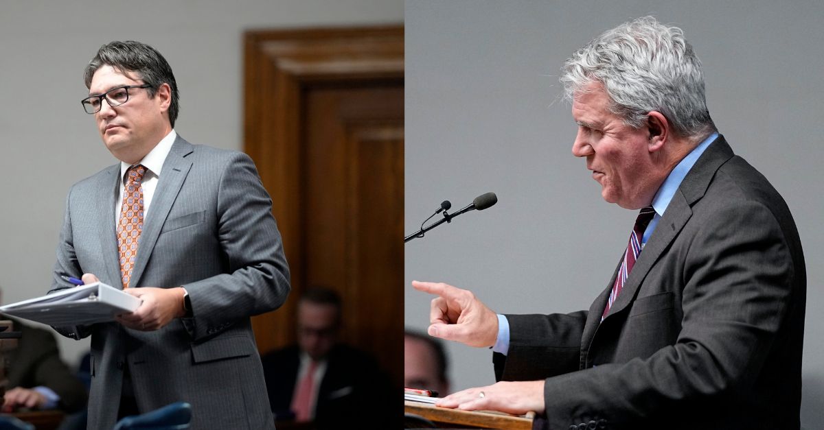 Left: Sean Grimsley, attorney for the petitioners, delivers closing arguments during a hearing for a lawsuit to keep former President Donald Trump off the state ballot in court, Wednesday, Nov. 15, 2023, in Denver. (AP Photo/Jack Dempsey, Pool). Right: Scott Gessler, attorney for former President Donald Trump, delivers closing arguments in a hearing for a lawsuit to keep Trump off the state ballot, Wednesday, Nov. 15, 2023, in Denver. (AP Photo/Jack Dempsey, Pool)