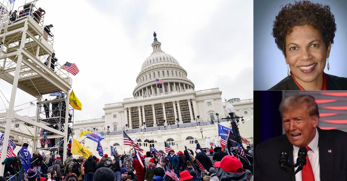 Background: Violent insurrectionists loyal to President Donald Trump breach the U.S. Capitol in Washington, Jan. 6, 2021. Christopher Worrell, a member of the Proud Boys extremist group who disappeared days before he was supposed to be sentenced for his role in the U.S. Capitol riot has been arrested, the FBI said Friday. (AP Photo/John Minchillo, File)/Top right: U.S. District Judge Tanya Chutkan Administrative Office of the U.S. Courts via AP, File)/ Bottom right: Former President of the United States Donald J. Trump delivers remarks at the Republican Party of Florida