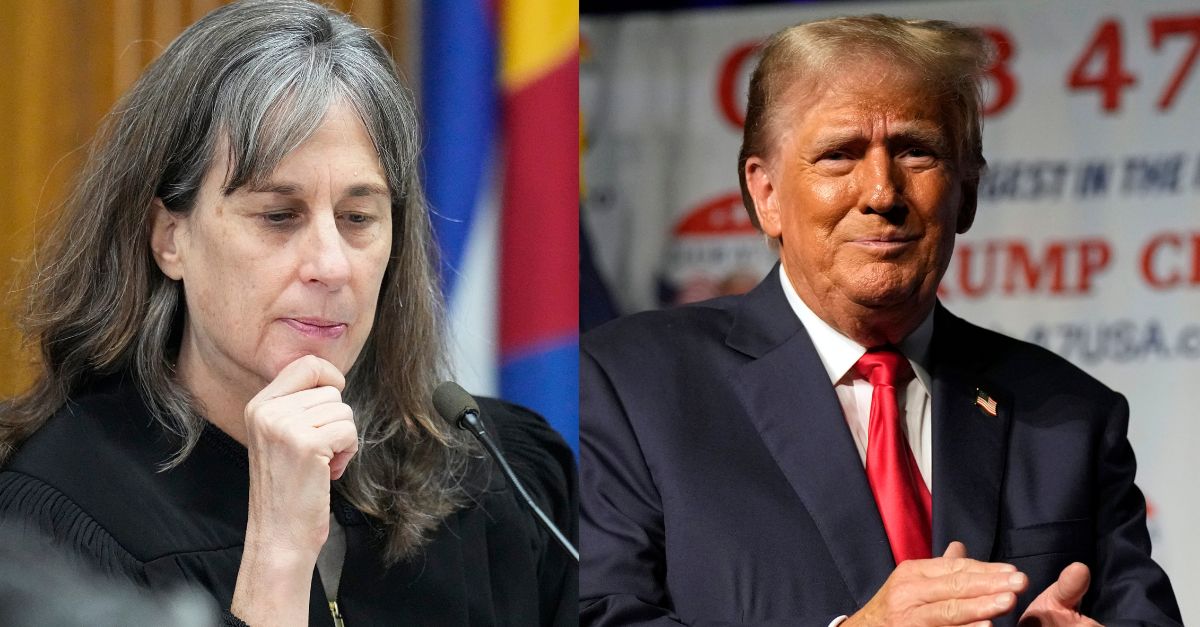 Left: Judge Sarah B. Wallace presides over the final day of a hearing for a lawsuit to keep former President Donald Trump off the state ballot, Friday, Nov. 3, 2023, in Denver. (AP Photo/Jack Dempsey, Pool)/ Right: Republican presidential candidate former President Donald Trump gestures after speaking Wednesday, Oct. 11, 2023, at Palm Beach County Convention Center in West Palm Beach, Fla. A judge has rejected an attempt by Trump to dismiss a lawsuit seeking to keep him off the ballot in Colorado, ruling that his objections on free-speech grounds did not apply. The decision paved the way for a trial over whether a constitutional "insurrection" clause can bar him from running again for the White House. AP Photo/Rebecca Blackwell