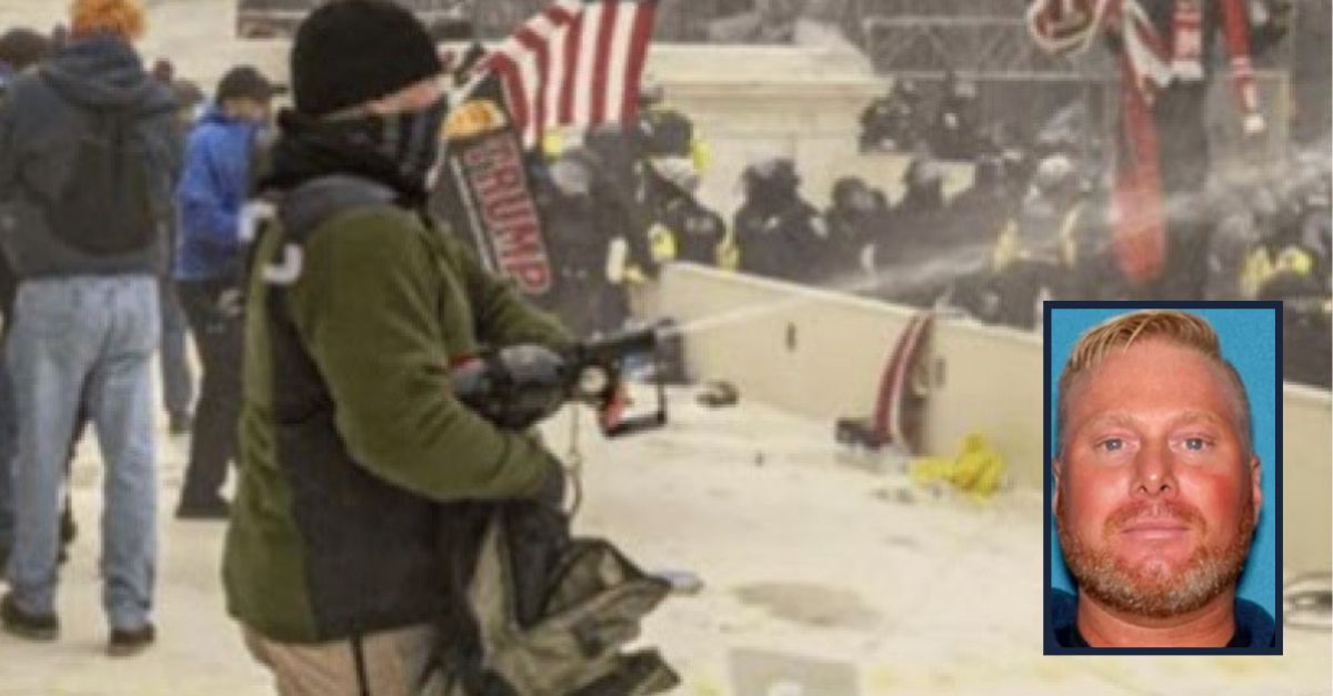 Background: DOJ exhibit attached to complaint against Jan. 6 defendant Gregory Yetman. Prosecutors say Yetman appears in the green jacket and dark hat using a spraying device to douse police at the U.S. Capitol with OC spray. Inset: Gregory Yetman photo provided by FBI.