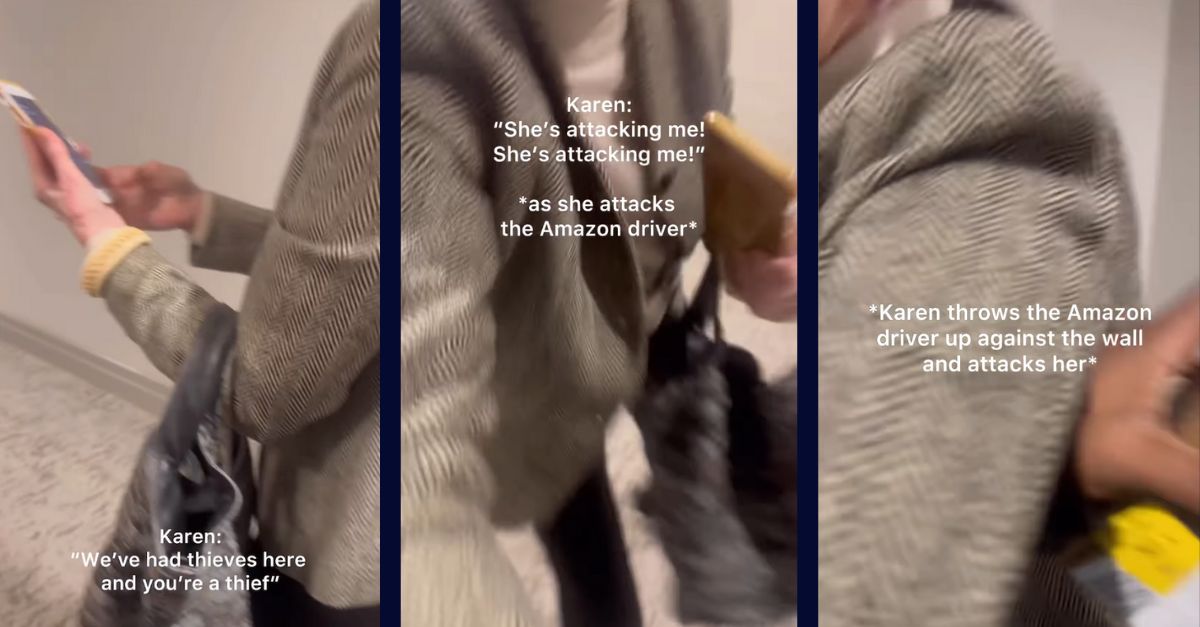 Three still images from a video where a a Black Amazon driver in Houston was allegedly attacked by a white woman in December 2023.