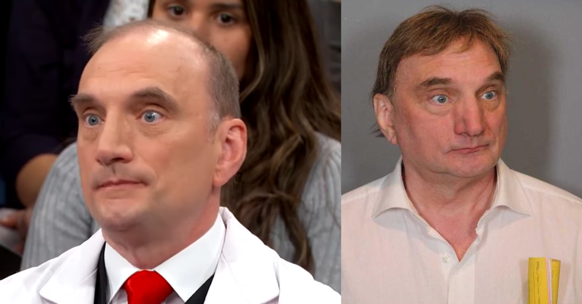 Dr. Eric Scott Sills, at left, in an appearance on the talk show, The Doctors. Video was posted to YouTube on Oct. 12, 2016. More than a month later, he strangled his wife, Susann Sills, at their home. (Screenshot: The Doctors; mug shot of defendant Sills at right: Orange County District Attorney’s Office)