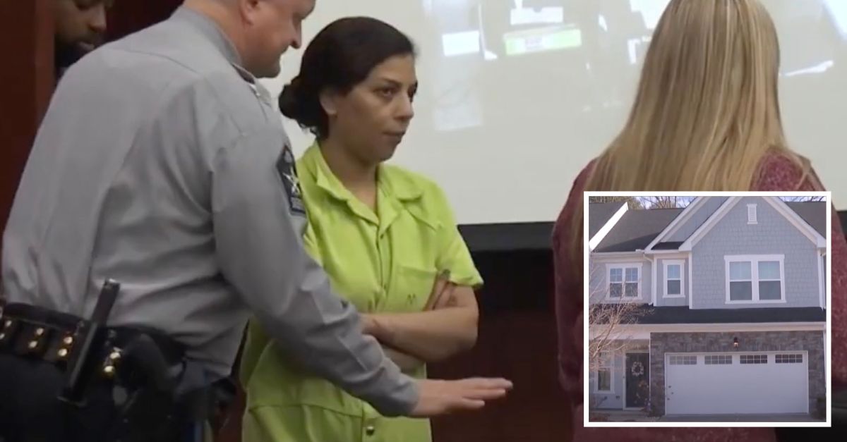 Priyanka Tiwari appearing in court on Thursday and the house where she allegedly starved her son to death (WNCN | YouTube screenshots)