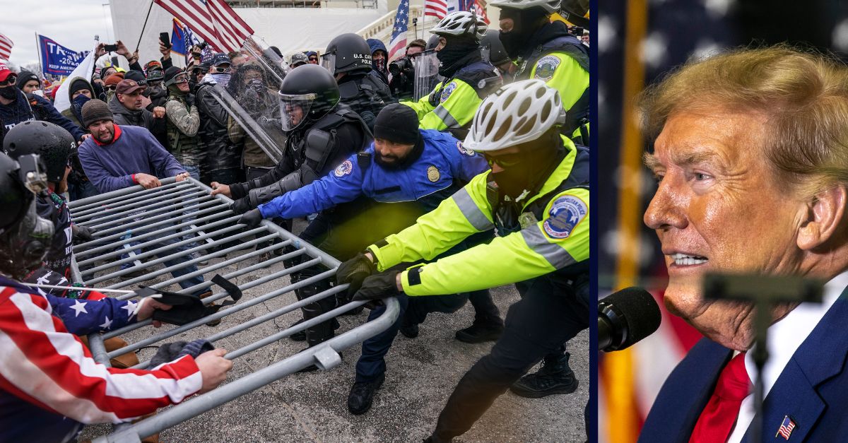 Left: FILE - Insurrectionists loyal to President Donald Trump try to break through a police barrier, Wednesday, Jan. 6, 2021, at the Capitol in Washington. (AP Photo/John Minchillo, File) Right: Republican presidential candidate and former President Donald Trump speaks to the crowd during a caucus event, Saturday, Dec. 2, 2023, at Kirkwood Community College in Cedar Rapids, Iowa. (Geoff Stellfox/The Gazette via AP)
