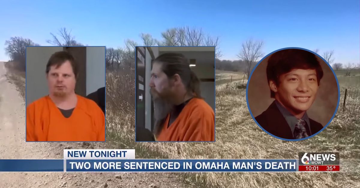 Justin Thornley, left inset, and his cousin Jacob Thornley, center inset, were sentenced for the death of Gary Lew, right inset. (Screenshots from NBC Omaha affiliate WOWT/YouTube)