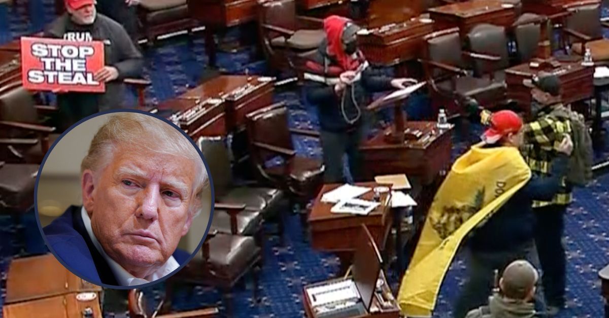Background: This image from Senate Television video shows Ryan Joseph Orlando, top right, looking at papers on a lectern on the Senate floor on Jan. 6, 2021, at the U.S. Capitol in Washington. Orlando, 28 of Arlington, Va., was arrested Wednesday, Nov. 29, 2023, on charges that he stormed the U.S. Capitol while wearing a Captain America backpack and stole items from senators