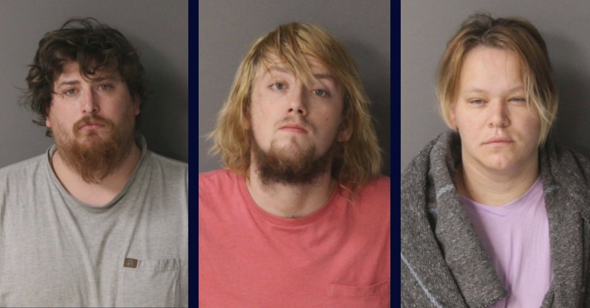 Zachary Delozier, on the left, Isaiah Schryvers, center, and Sara Gaudino, on the right, appear in booking photos.