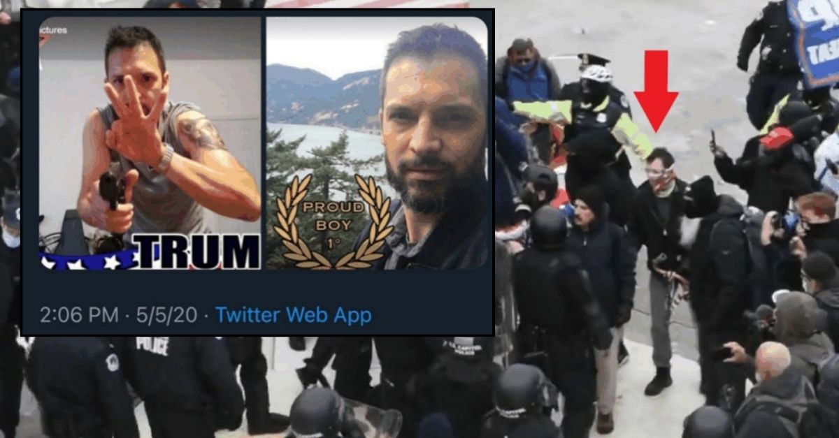 Justice Department exhibits depicting convicted Proud Boy Marc Bru; background photo trial exhibit with red arrow points toward Bru as he approaches police officers at the U.S. Capitol on Jan. 6, 2021./Inset: Social media profile and selfie posts shared by Bru contained in statement of offense. 