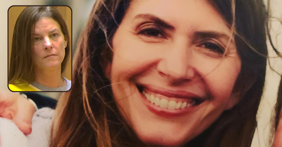 Michelle Troconis (inset) helped cover up the murder of Jennifer Farber Dulos, cops said. (Inset: Law&Crime Network/Pool; New Canaan Police Department; image of Jennifer: New Canaan Police Department)