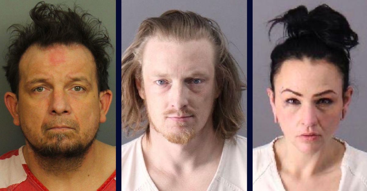 Dustin Stanfield, on the left, Joshua Guthrie, in the center, and Brittany Patterson, on the right, appear in booking photos.