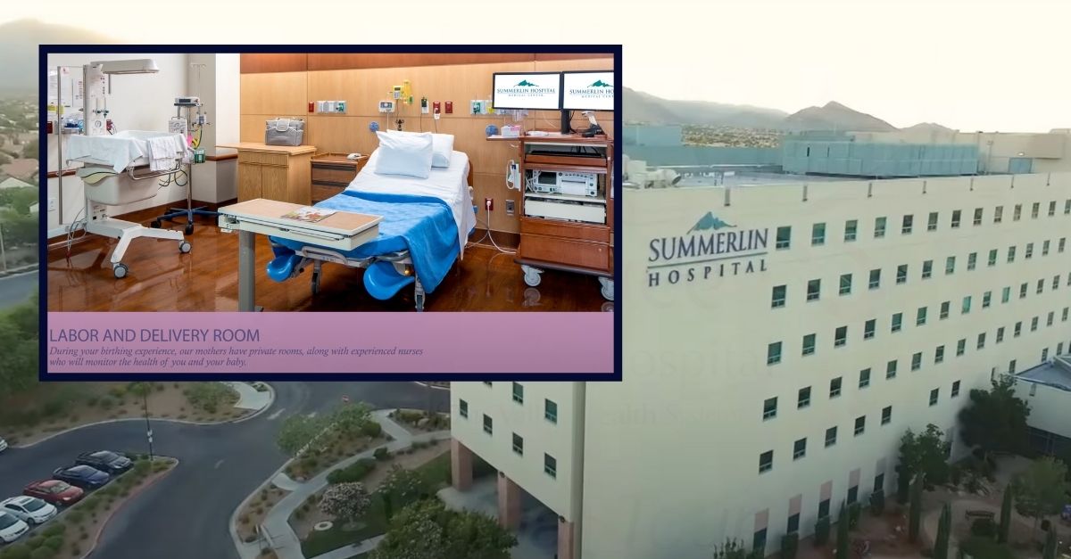 A labor and delivery room at Summerlin Hospital appears inset against an image of the hospital