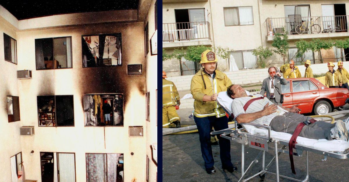 Left: In this May 1993 photo provided by the Los Angeles Police Department the scene of a deadly fire that struck an apartment building in the Westlake district of Los Angeles, taking the lives of 12 people including the deaths of late-term fetuses, is seen. (Los Angeles Police Department via AP)/ Right: A survivor of an apartment complex fire is wheeled to an ambulance by Los Angeles Fire Department personnel near downtown Los Angeles, May 3, 1993. Seven deaths have been reported in the fire. (AP Photo/Doug Pizac)