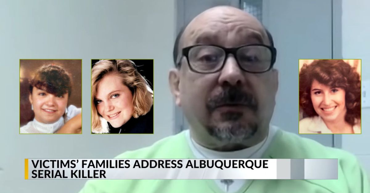 Paul Apodaca was sentenced in the killings of Stella Gonzales, left inset, Kaitlyn Arquette, second from left inset, and Althea Oakeley, right inset. (Victim photos from Albuquerque Police Department; virtual courtroom screenshot of the defendant from Albuquerque, New Mexico, CBS and FOX affiliate KRQE)