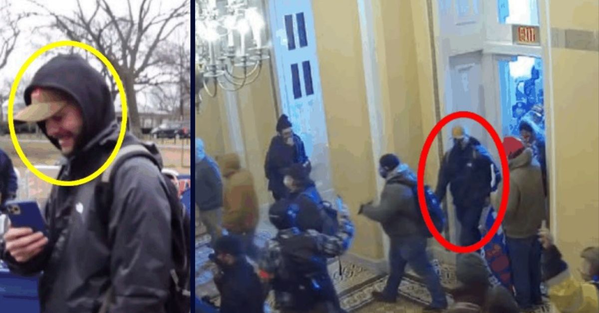 Left: Zylas "Zee" Hamilton circled in yellow in Department of Justice exhibits./Right: Closed-circuit footage from inside the U.S. Capitol obtained by investigators and included in Hamilton