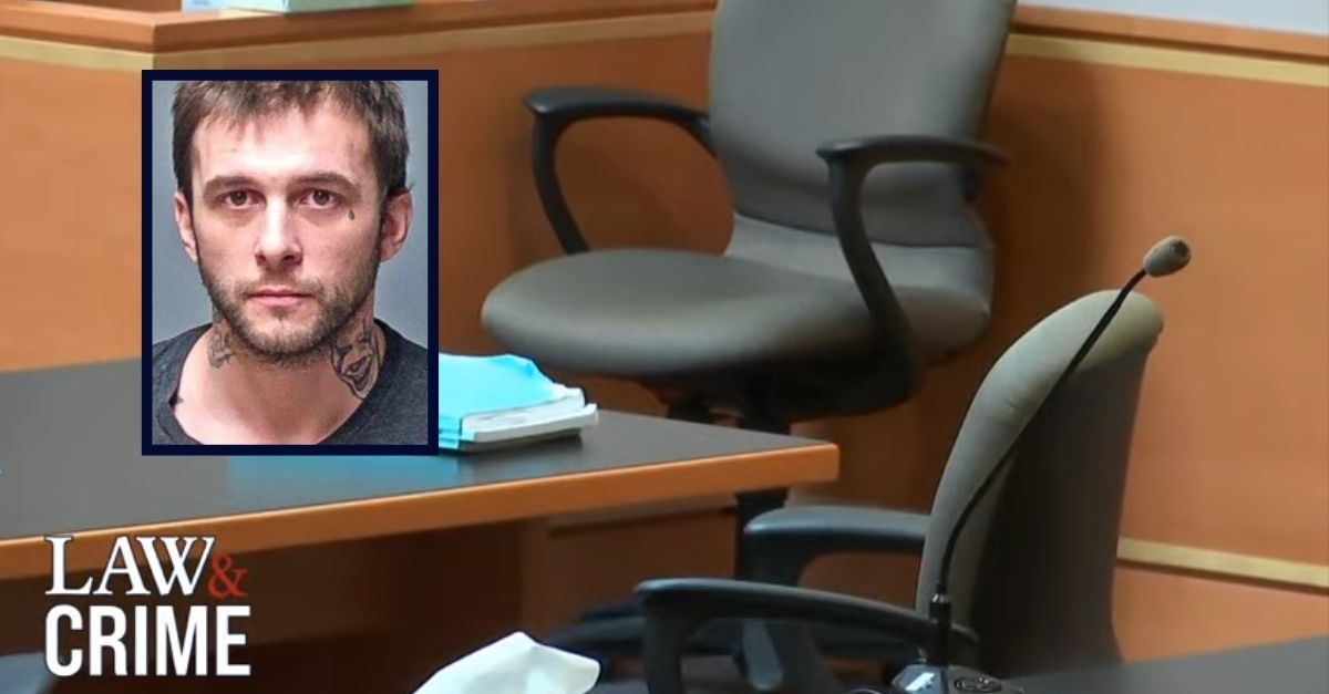Adam Montgomery, inset on the left – against an image of the empty chair reserved for him in his murder trial for allegedly killing his daughter, Harmony Montgomery.