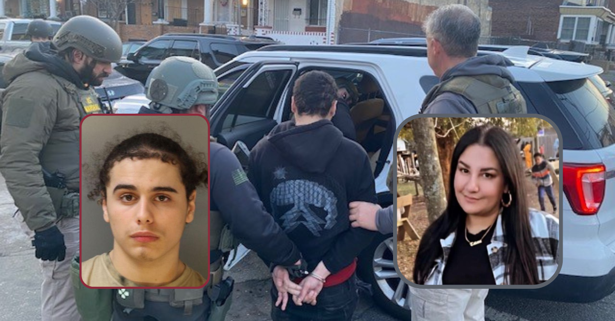 The U.S. Marshals Service seen arresting Abiud Torres in Philadelphia, Pennsylvania, on Feb. 22, 2024. He (seen in left inset) shot and killed his girlfriend, Tatiana Vargas (seen in right inset), authorities said. (Images of Torres: U.S. Marshals Service; image of Vargas: her obituary)