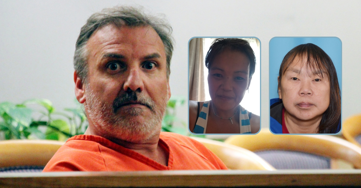 Brian Steven Smith sits in a courtroom while waiting for his arraignment to start in Anchorage, Alaska, Oct. 16, 2019. Jurors convicted him on Feb. 22, 2024, of murdering two women: Kathleen Jo Henry (seen in left inset) and Veronica Abouchuk (seen at right). (Image of Smith: AP Photo/Mark Thiessen, File; image of Henry: her Facebook account; image of Abouchuk: released by Anchorage Police Department during her missing person case)