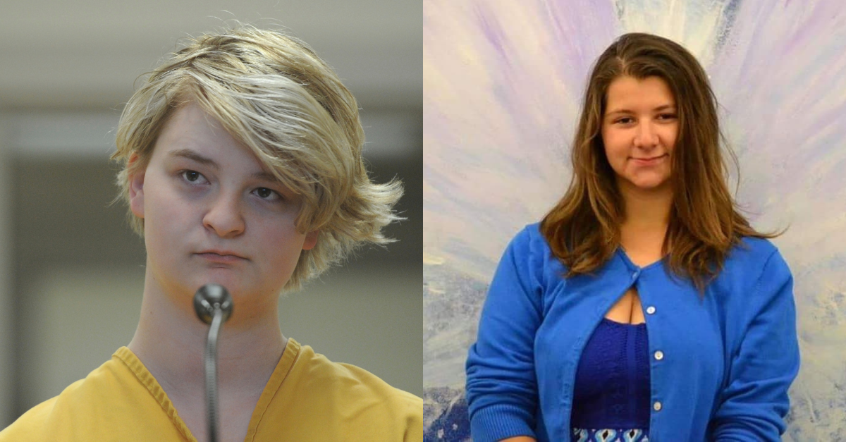 In this Sunday, June 9, 2019 photo at left, Denali Brehmer, 18, stands at her arraignment in the Anchorage Correctional Center in Anchorage, Alaska. At right is her murder victim, Cynthia Hoffman. (Image at left: Bill Roth/Anchorage Daily News via AP; image at right: Anchorage Police Department)