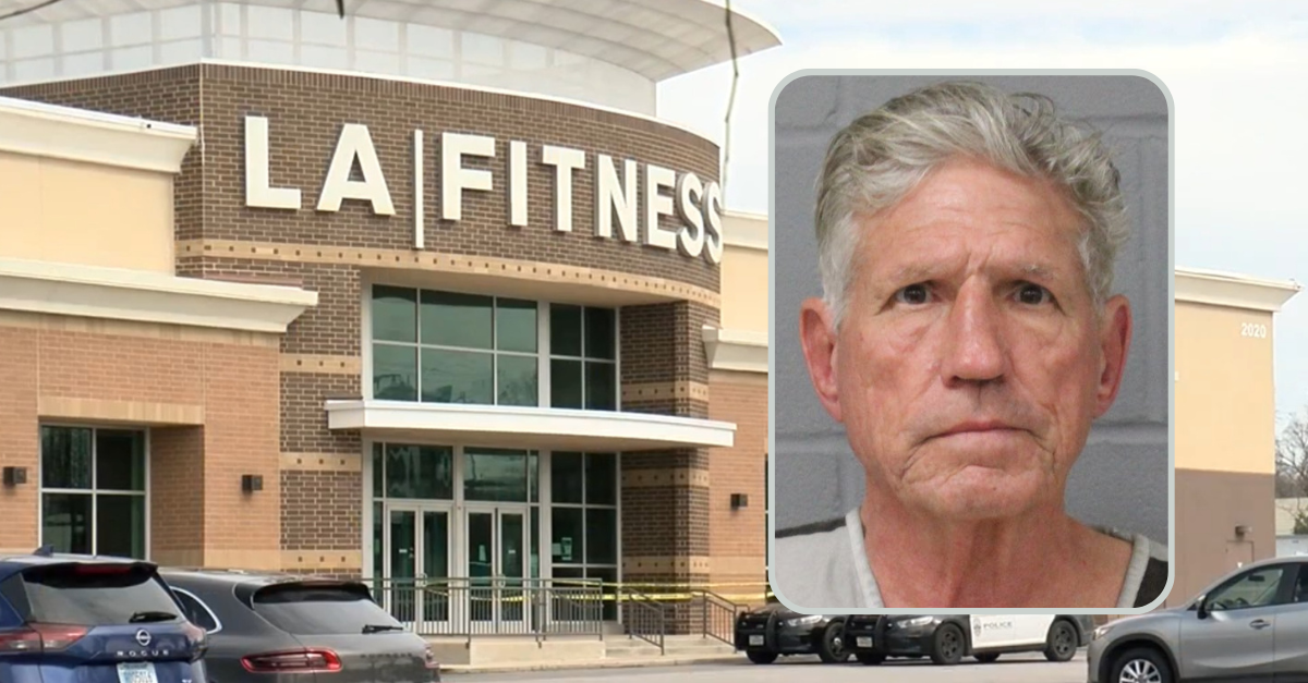 John David Makinson stabbed another gymgoer at this LA Fitness after an encounter at a leg press machine, police said. (Mug shot: Austin Police Department; screenshot of the scene: KEYE)