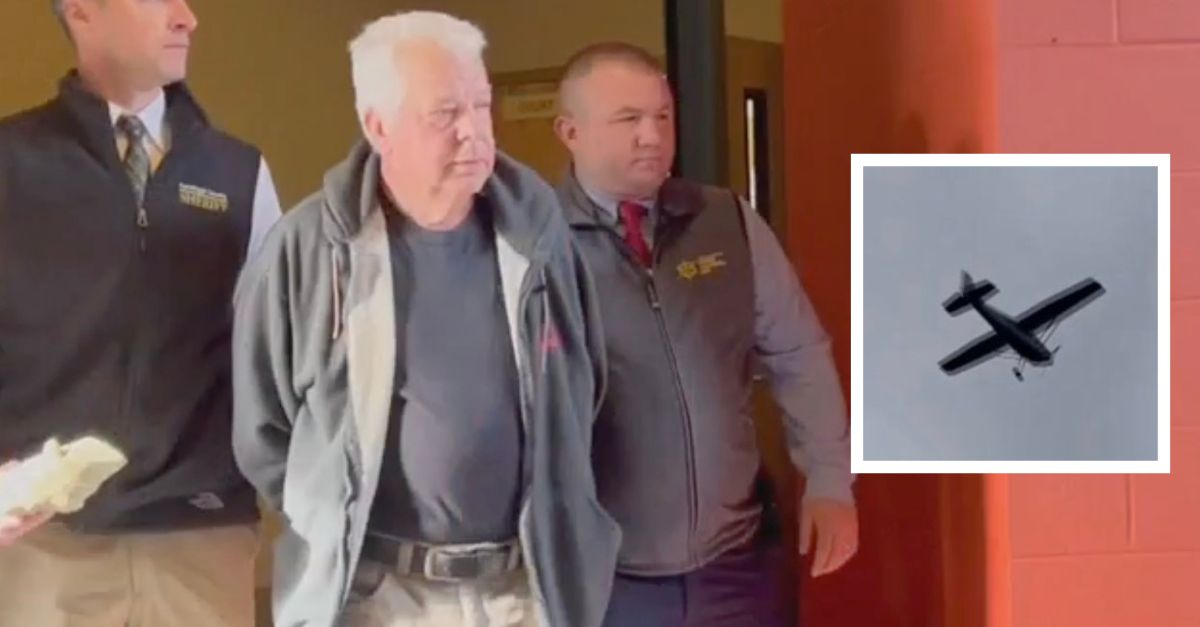 Michael J. Arnold being arrested (WRGB screenshot) and his Cessna airplane (WCAX screenshot)