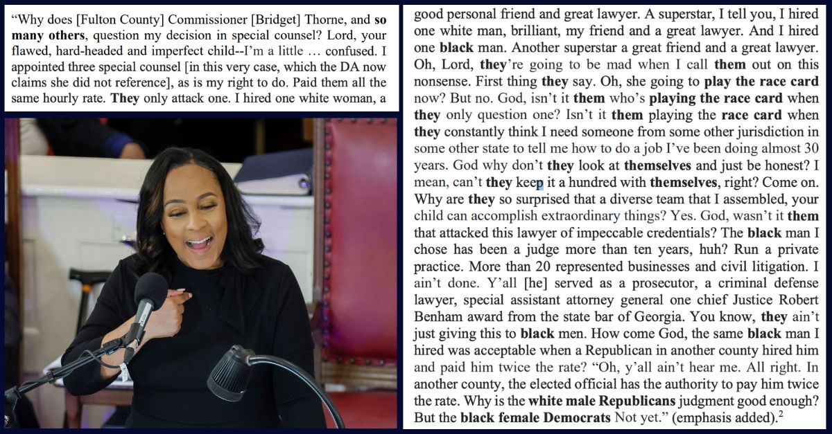 Fani Willis speaks in an historically Black church on MLK Day, bottom left; Snippets of her speech, in text form, top left and right.
