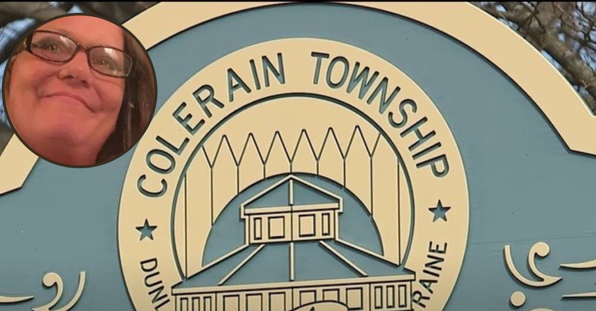 Background: YouTube screengrab of Colerain township sign in ABC affiliate report from WCPO. Inset: Carrie Davis photo approved for use by attorney. 