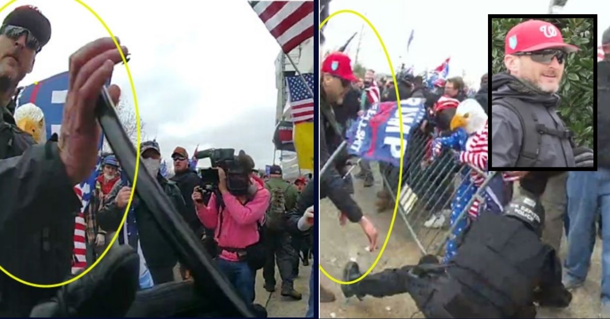 Left: Police body worn camera footage shows Jason Farris, circled in yellow, hitting away baton. Courtesy U.S. Justice Department./ Right: Convicted for assault, Jan. 6 rioter Jason Farris is circled in yellow in an exhibit from the Justice Department. Inset right: Jason Farris, as identified in Capitol riot footage by federal prosecutors.