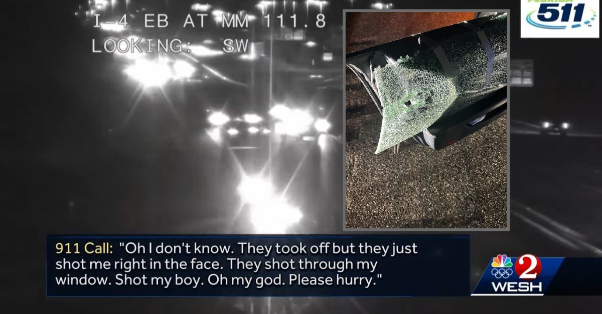 A man and his son were shot in a road rage attack in Florida. (Interstate highway screenshot from Orlando, Florida, CBS affiliate WESH; photo of the bullet-pierced window from the Florida Highway Patrol)