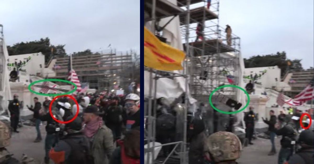 Department of Justice trial exhibits depict Andrew Valentin, circled in red, throwing a folding chair, circled in green, at police officers at the U.S. Capitol on Jan. 6, 2021. 