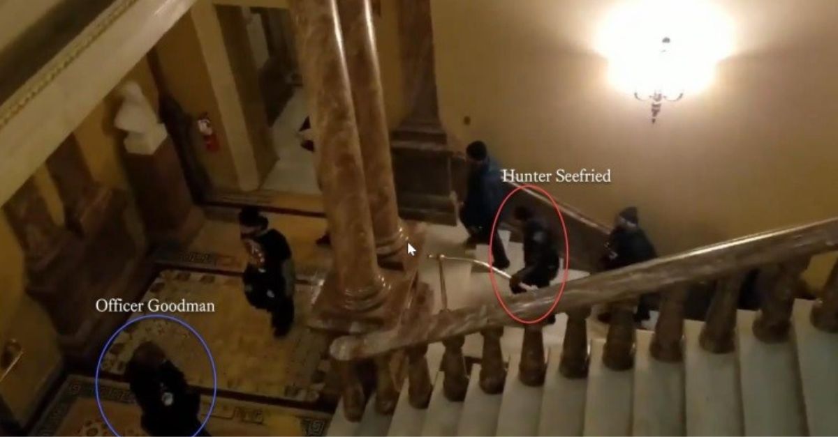 In a screengrab of footage from inside the U.S. Capitol on Jan. 6, 2021, convicted rioter Hunter Seefried contends his sentence should be reduced because he wasn