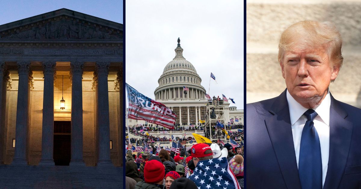 Left: FILE - The U.S. Supreme Court is seen before sunrise on Capitol Hill in Washington, March 21, 2022. (AP Photo/Jose Luis Magana, File)/ Center: (AP Photo/Jose Luis Magana, File)/ Right: Right Donald Trump. File AP Photo by: zz/John Nacion/STAR MAX/IPx 2022 7/20/22.