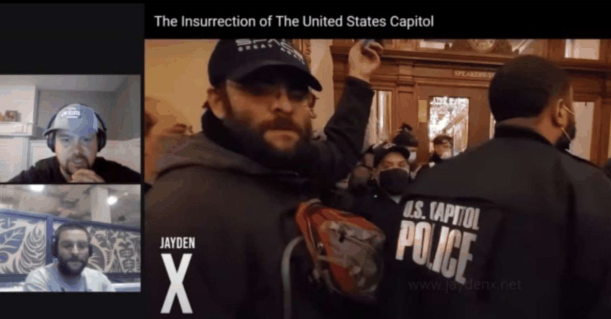 In a screengrab from a podcast provided in court records by the Justice Department, prosecutors say Jan. 6 defendant Taylor Taranto gleefully identified himself in footage from inside the Capitol on Jan. 6, crying out "That