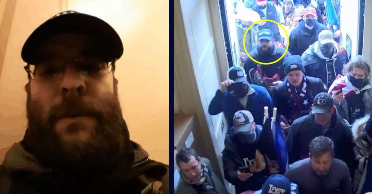 Justice Department court exhibits show Taylor Taranto, left, in a photo he posted to Facebook while inside the Capitol on Jan. 6, 2021. Right: Justice Department provided footage from inside the Capitol, Taranto is circled in yellow in exhibit.