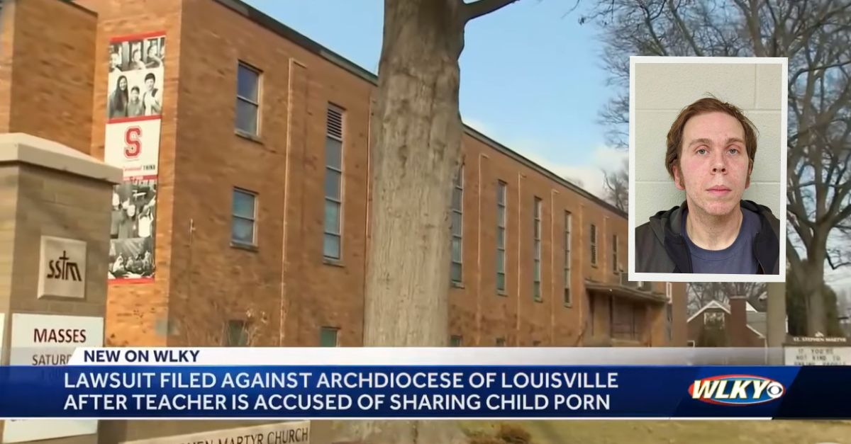 A lawsuit was filed against the Diocese of Louisville after a teacher at St. Stephen Martyr Catholic School, Jordan Fautz, inset, allegedly used yearbook photos to create child porn. Federal prosecutors indicted Fautz last month. (Screenshot: WLKY/YouTube)
