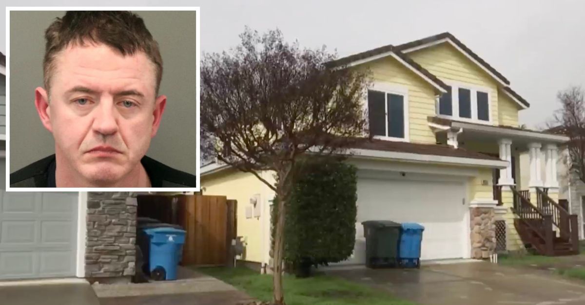Markus Beck (Gilroy Police Department) and the home he allegedly rigged to explode (KNTV screenshot)