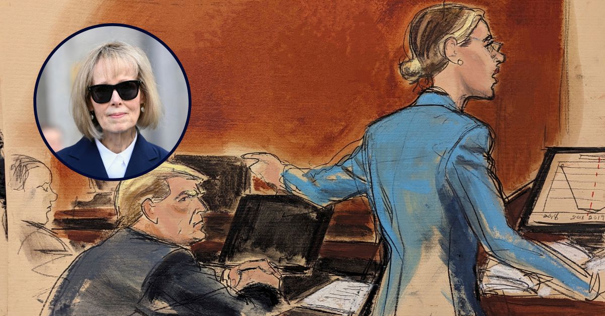 Background: In this courtroom sketch, attorney Alina Habba points to her client, former President Donald Trump, as she delivers her closing arguments to the jury, Friday, Jan. 26, 2024, in New York. (Elizabeth Williams via AP)/Inset: Writer E. Jean Carroll. April 26, 2023. Andrea Renault/STAR MAX/IPx 2023