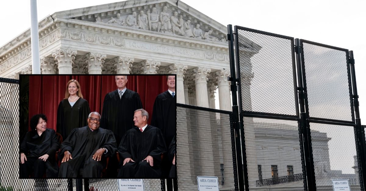 Background: Steel fencing and barricades surround the Supreme Court ahead of the overturn of Roe v. Wade. June 22, 2022. (AP Photo/J. Scott Applewhite)/Inset: Members of the Supreme Court sit for a new group portrait following the addition of Associate Justice Ketanji Brown Jackson, at the Supreme Court building in Washington, Friday, Oct. 7, 2022. Bottom row, from left, Associate Justice Sonia Sotomayor, Associate Justice Clarence Thomas, and Chief Justice of the United States John Roberts. Top row, from left, Associate Justice Amy Coney Barrett, Associate Justice Neil Gorsuch, and Associate Justice Brett Kavanaugh. (AP Photo/J. Scott Applewhite)