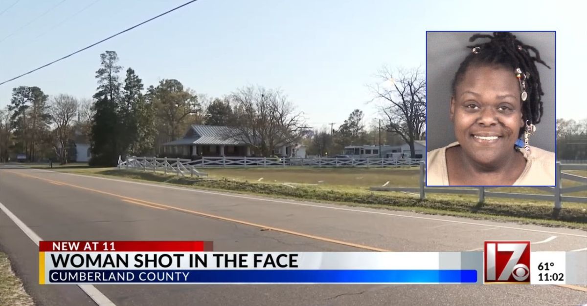 Visha Franklin is accused of firing a good Samaritan in the face in North Carolina. (Crime scene screenshot from CBS 17/YouTube; mug Shot from Cumberland County Sheriff