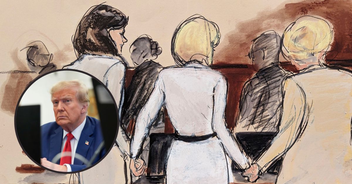 Background: In courtroom sketch, E. Jean Carroll, center, stands while holding hands with her attorneys Shawn Crowley, left, and Roberta Kaplan, right as the jury files out of the courtroom after the verdict, Jan. 26, 2024. (Elizabeth Williams via AP)/ Inset: Former President Donald Trump sits in the courtroom before the start of closing arguments in his civil business fraud trial at New York Supreme Court, Jan. 11, 2024, in New York. Seth Wenig, AP)