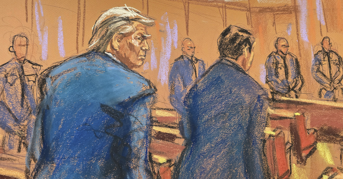 In this courtroom sketch former President Donald Trump enters the courtroom with his attorney Todd Blanche at the beginning of his trial over charges that he falsified business records to conceal money paid to silence porn star Stormy Daniels in 2016, in Manhattan state court in New York, Monday, April 15, 2024. (Jane Rosenberg/Pool Photo via AP)