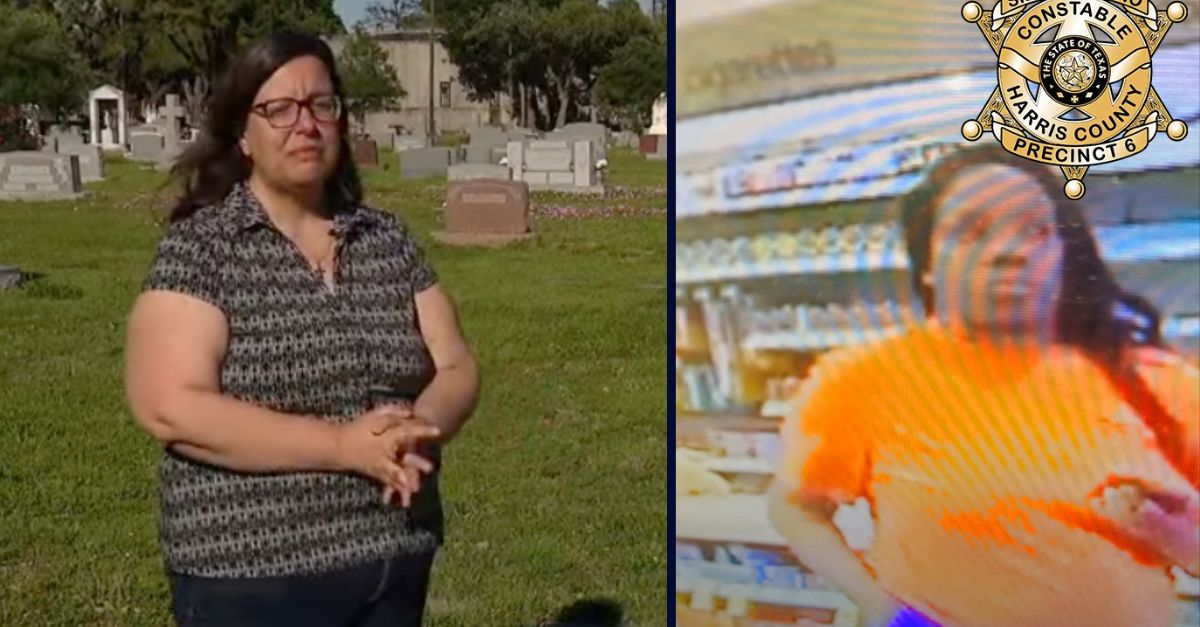 Left: Gabrielle Mackin is interviewed at the gravesite of her daughter, Alessandra (YouTube screengrab/KRIV). Right: Latoya White is seen on surveillance footage (Harris County Constable Precinct 6).