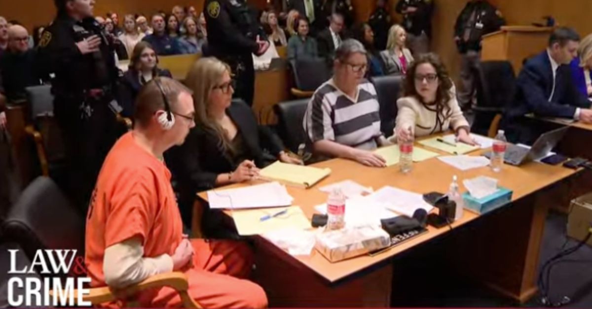 James Crumbley, far left, and Jennifer Crumbley, second from right, await sentencing for manslaughter on April 9, 2024 (via Law&Crime).